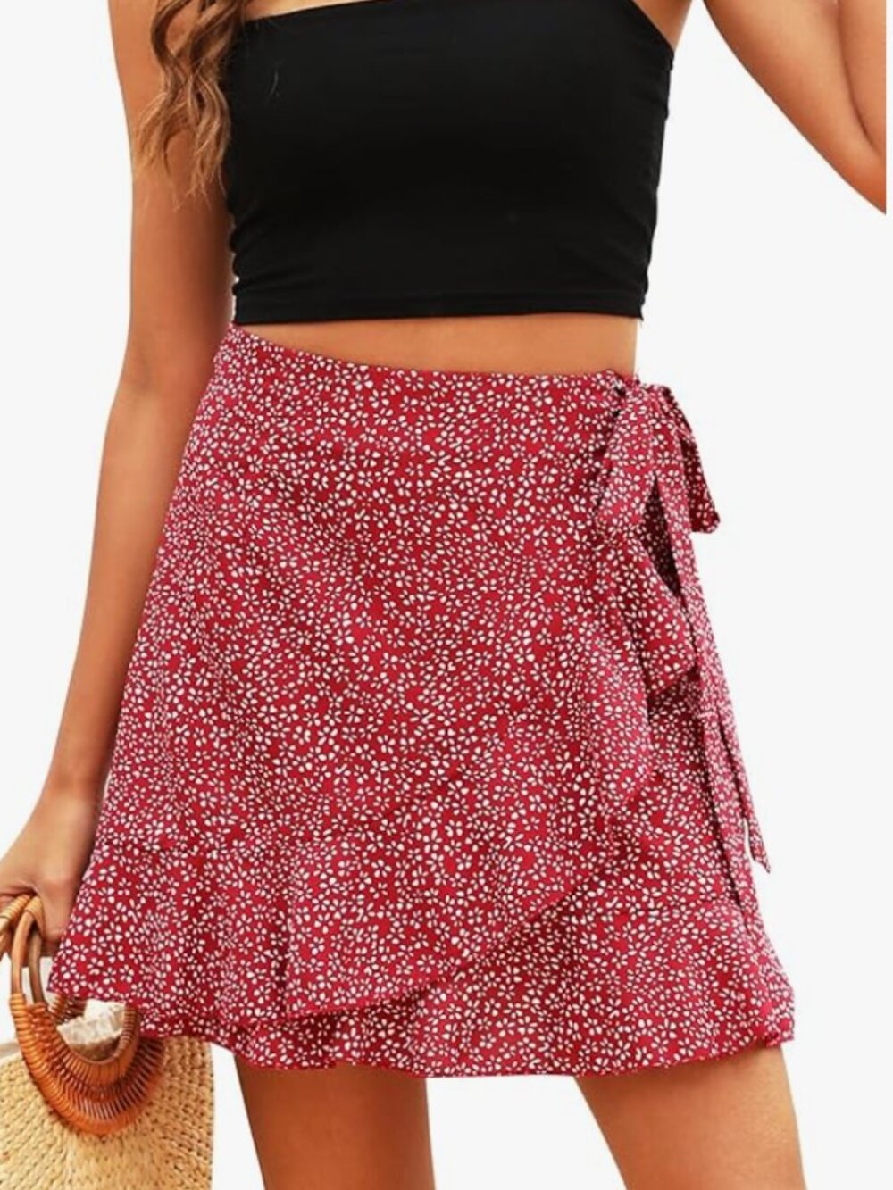 Red floral wrap mini ruffled skirt